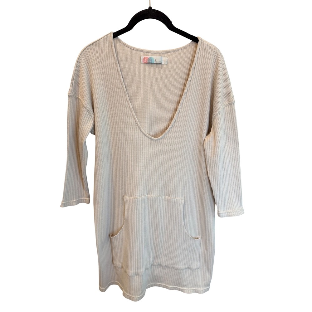 Free People FP Beach Ribbed Knit V-Neck Tunic Top Cream Beige Small